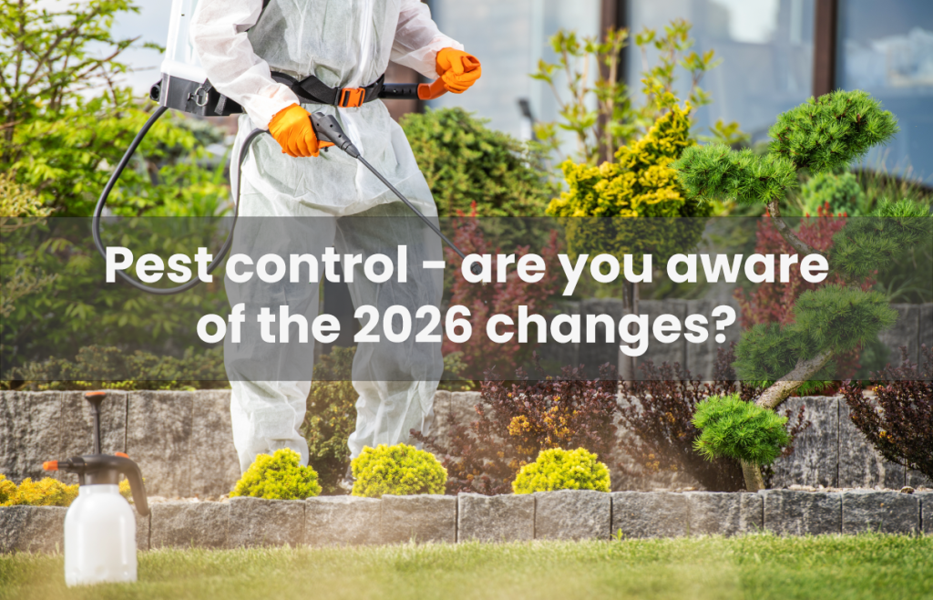 Person in white protective suit spraying pesticide in a garden, with text overlay about pest control 2026 changes