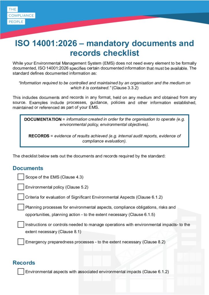 First page of ISO 14001:2026 mandatory documents and records checklist