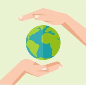 Illustration of two hands cradling a globe on a pale green background