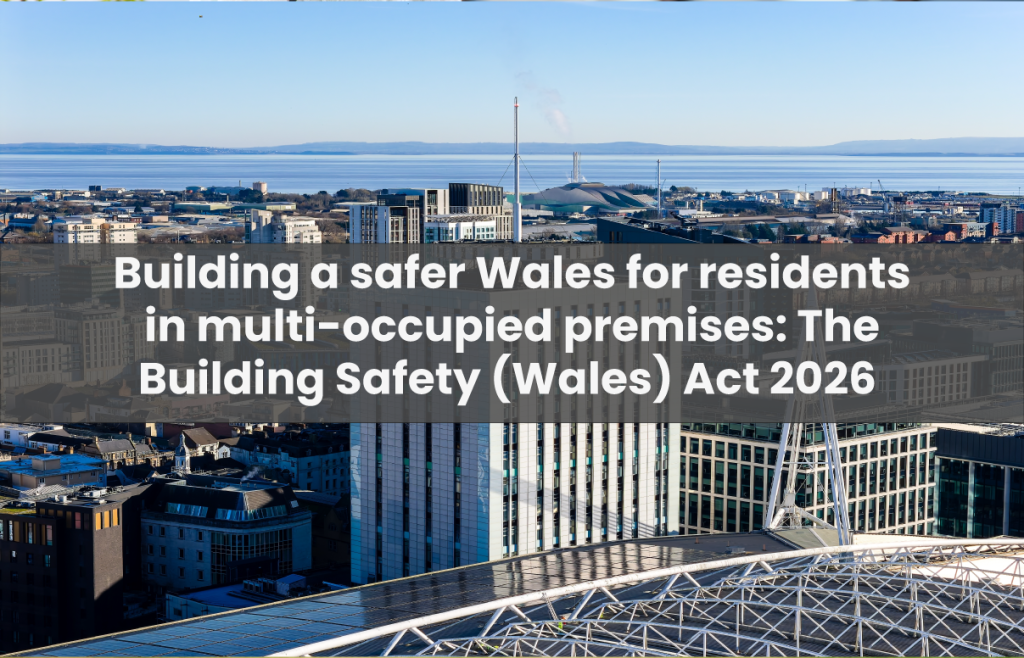 Aerial view of a Welsh coastal city with text: Building a safer Wales for residents in multi-occupied premises: The Building Safety (Wales) Act 2026